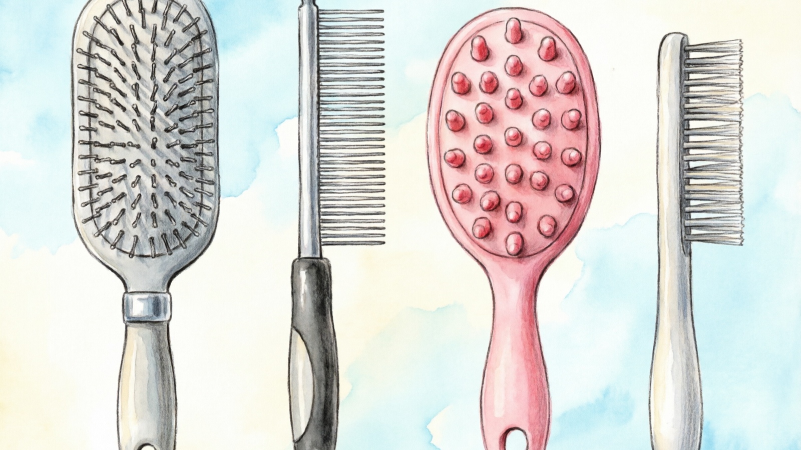 Different rabbit grooming brush types: wire bristle slicker, metal comb, silicone comb, and plastic brush
