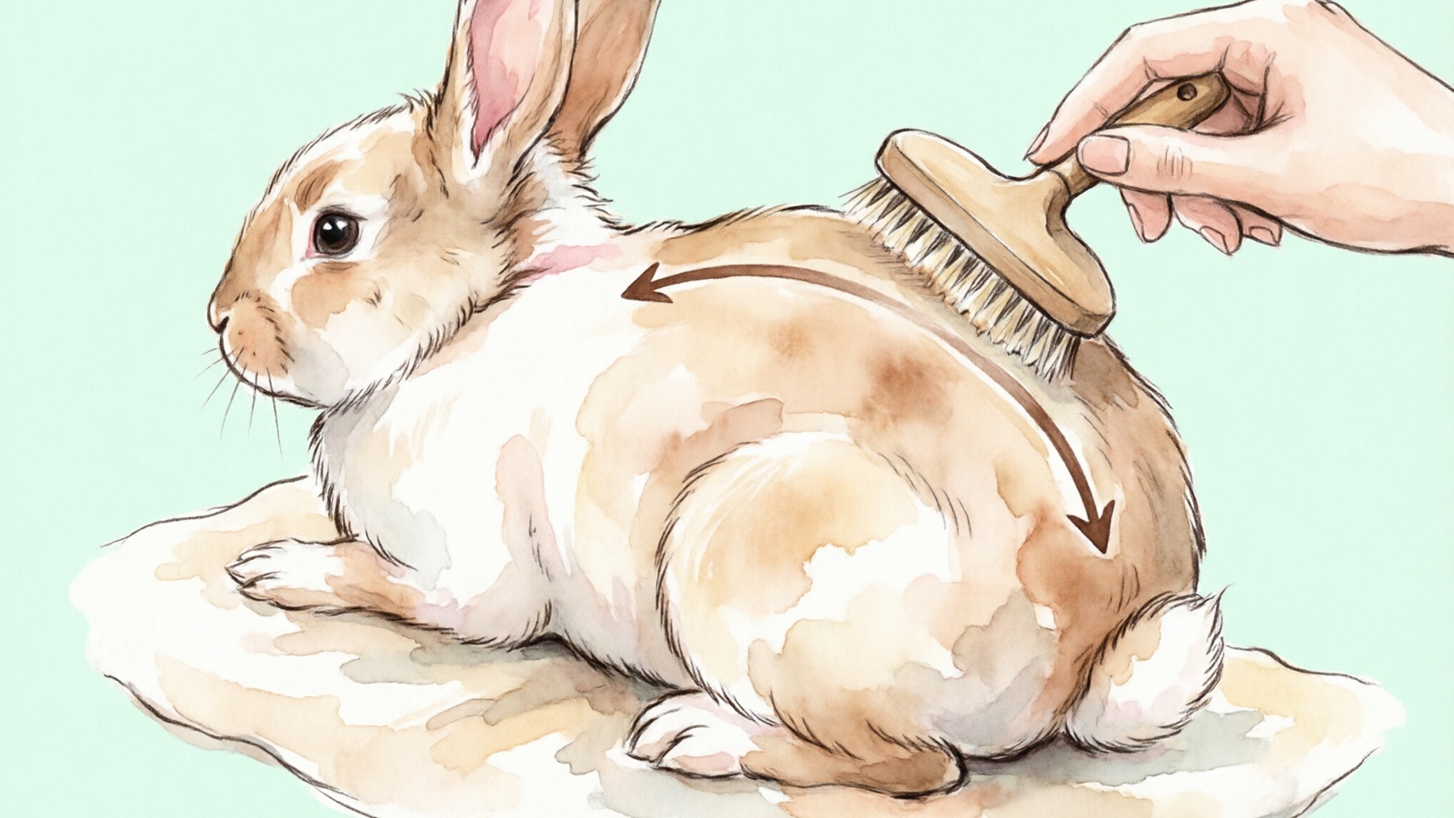 Correct brushing direction on a rabbit: from neck toward tail following fur growth