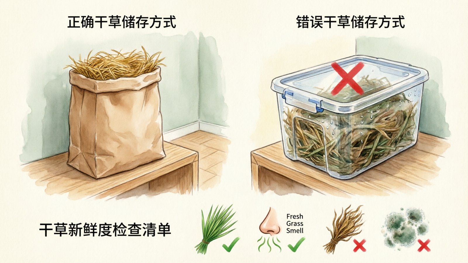 Hand-drawn watercolor infographic showing correct vs incorrect rabbit hay storage with a freshness checklist