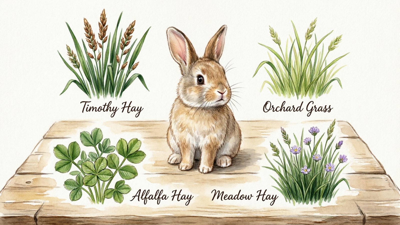 Hand-drawn watercolor comparison showing four types of rabbit hay — timothy, orchard grass, meadow, and alfalfa — with labeled sections and a baby bunny in the center