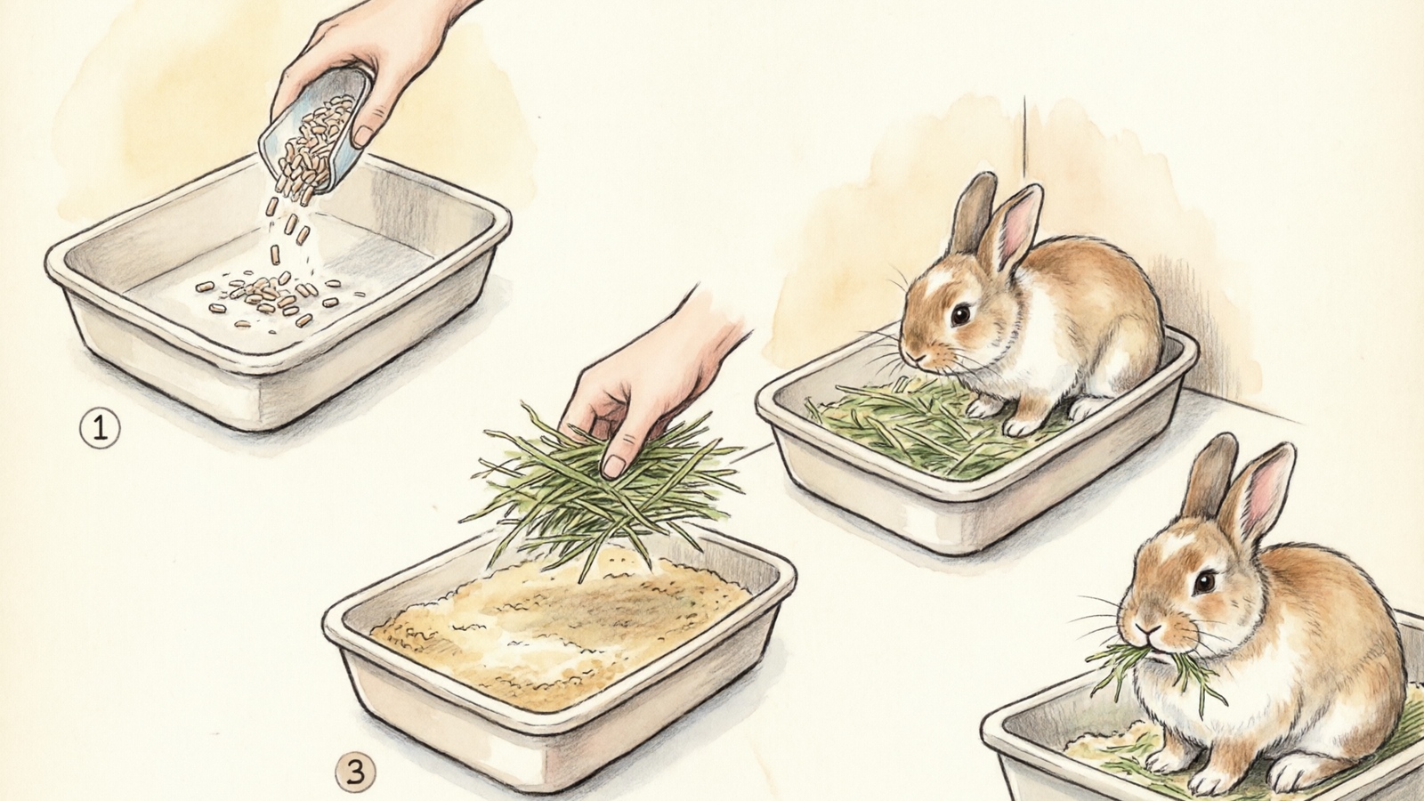Step-by-step guide to setting up a rabbit litter box with proper hay placement and litter layering