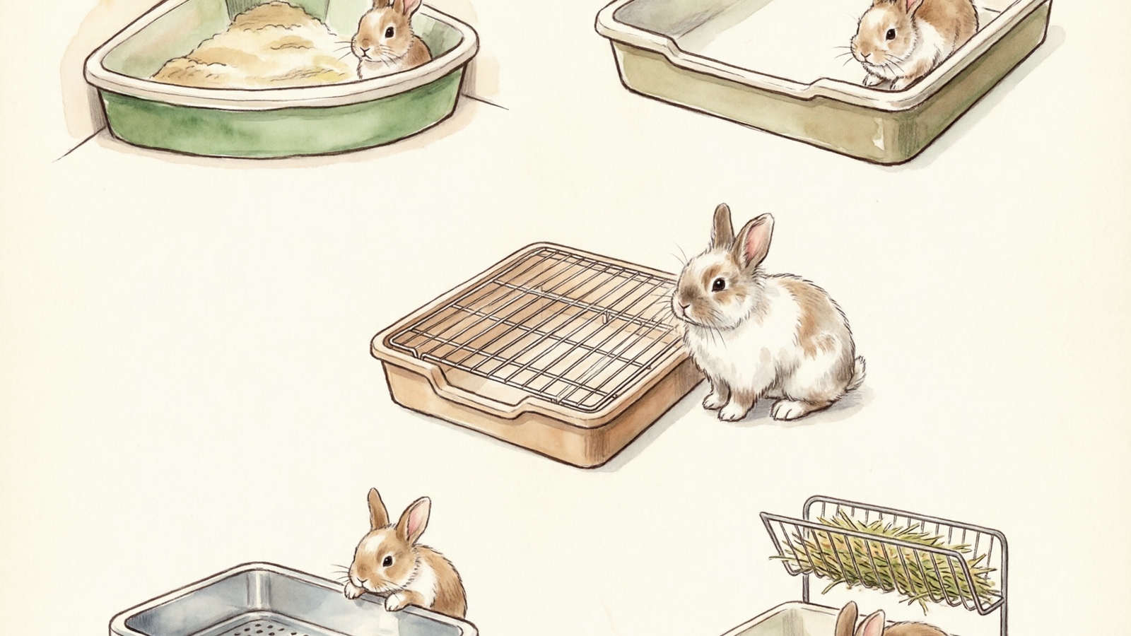 Comparison of five rabbit litter box types: corner pan, open pan, grated tray, stainless steel sifting, and hay feeder combo