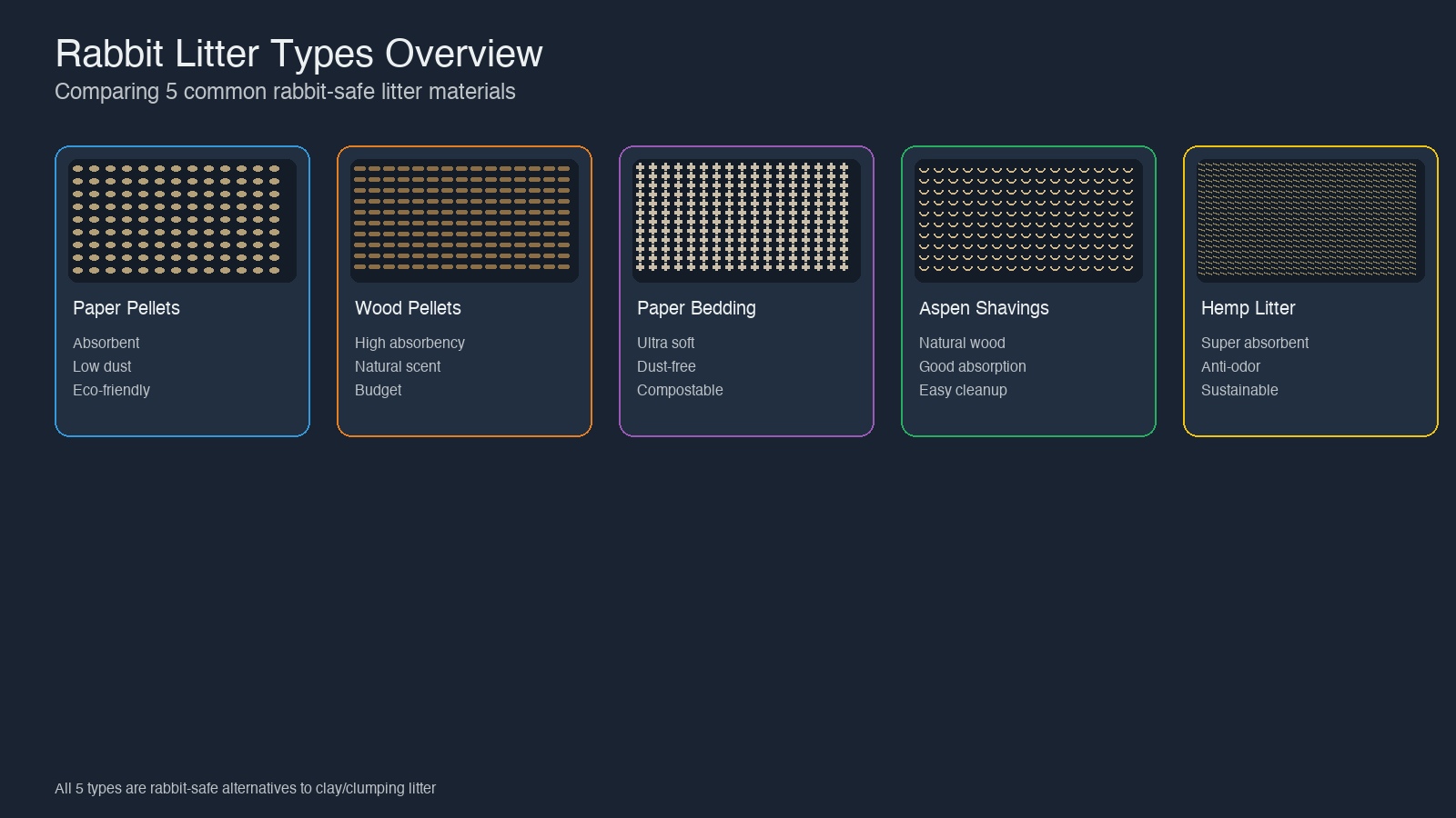 Rabbit litter types overview showing 5 safe options: paper pellets, wood pellets, paper bedding, aspen shavings, and hemp litter with absorbency and eco ratings