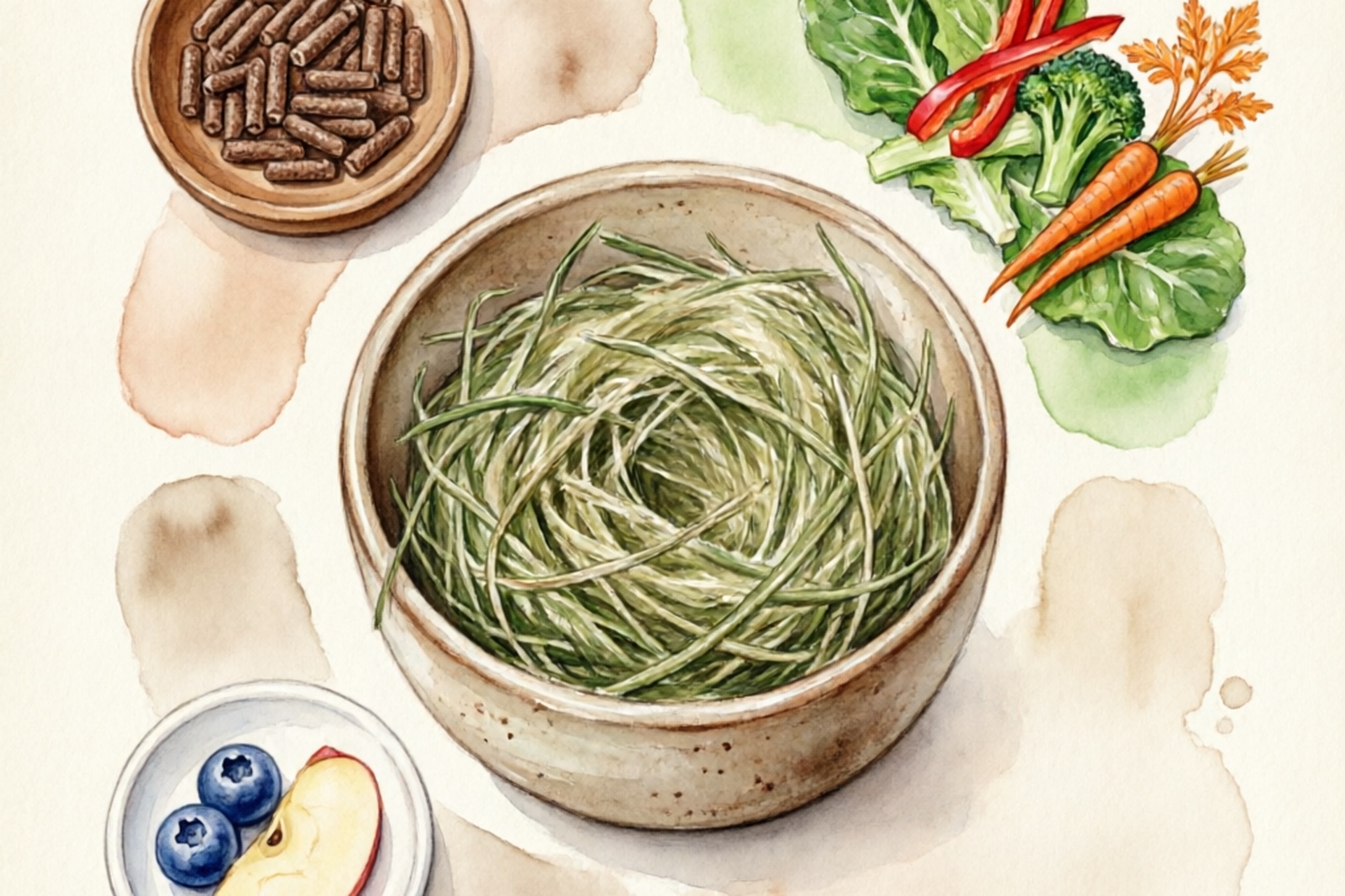 Rabbit diet breakdown — hay, pellets, vegetables, and treats in proper proportions