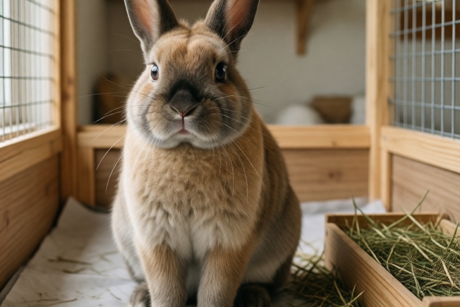 A well-groomed Rex rabbit in a clean comfortable enclosure
