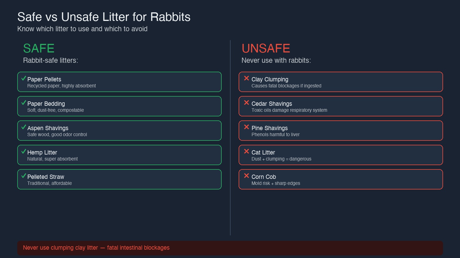 Rabbit safe vs unsafe litter comparison chart showing safe options: paper pellets, paper bedding, aspen shavings, hemp, pelleted straw; and unsafe options: clay clumping, cedar shavings, pine shavings, cat litter, corn cob