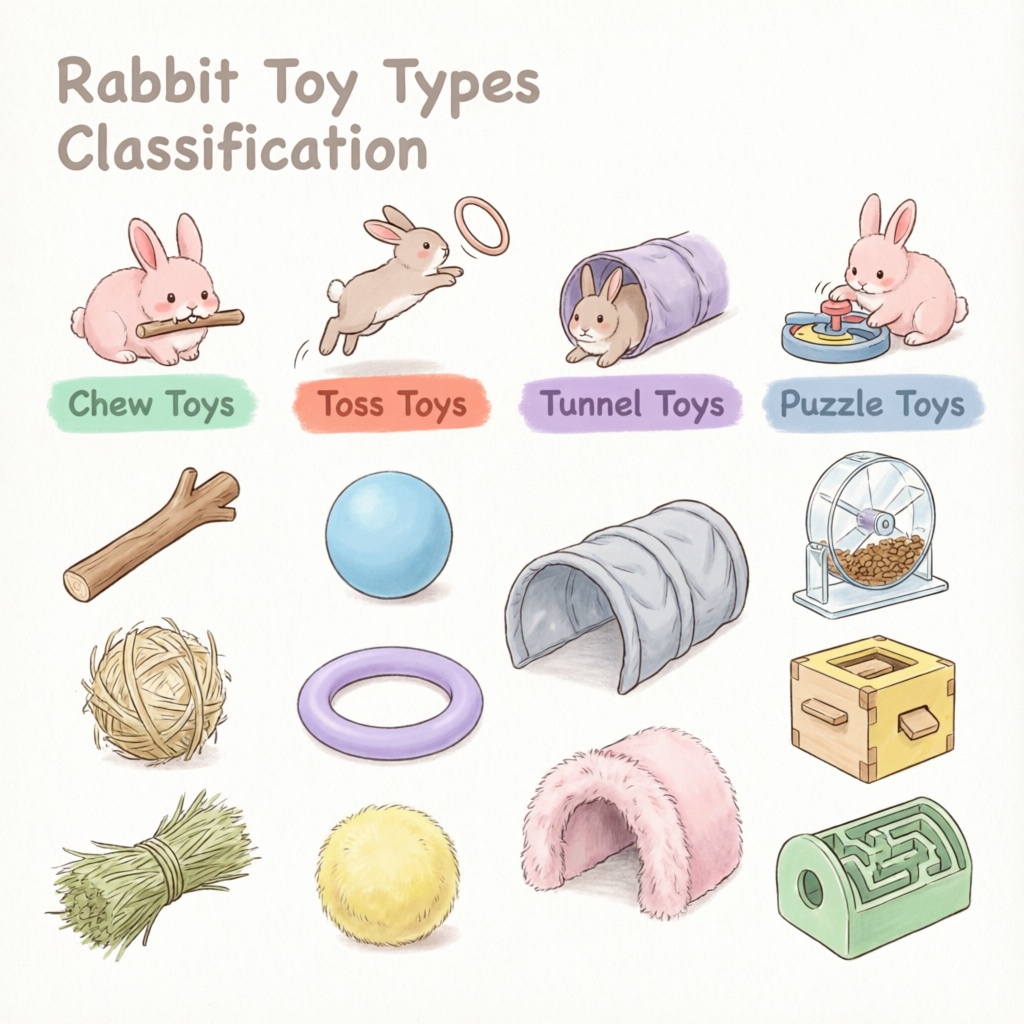 Rabbit toy types classification infographic showing chew toys, toss toys, tunnel toys, and puzzle toys