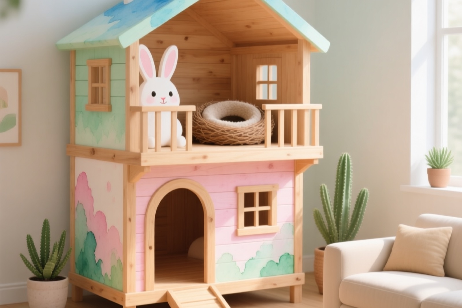 Two-story wooden rabbit hutch in a modern living room, furniture-style design with asphalt roof, rabbit visible in lower level, next to a sofa showing it blends as indoor furniture, warm home lighting