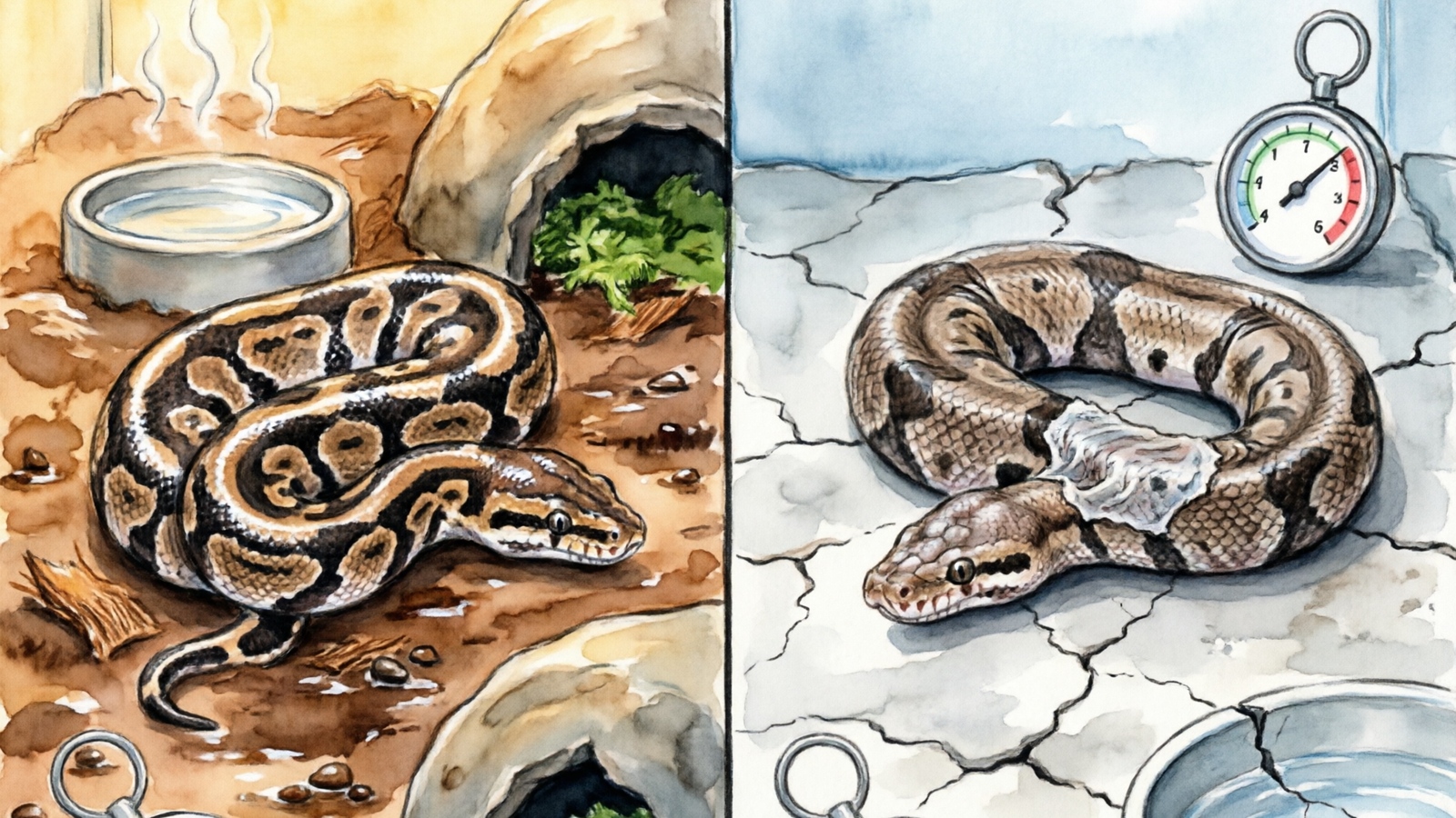 Cross-section comparison of correct versus incorrect humidity in a ball python enclosure