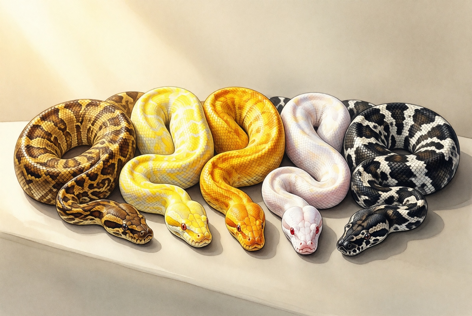 Five ball python color morphs comparison