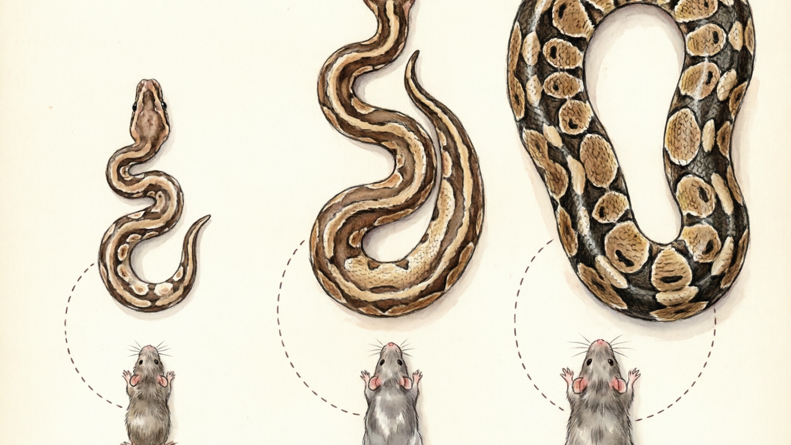 Prey size girth matching diagram showing correct rat-to-python body width ratio