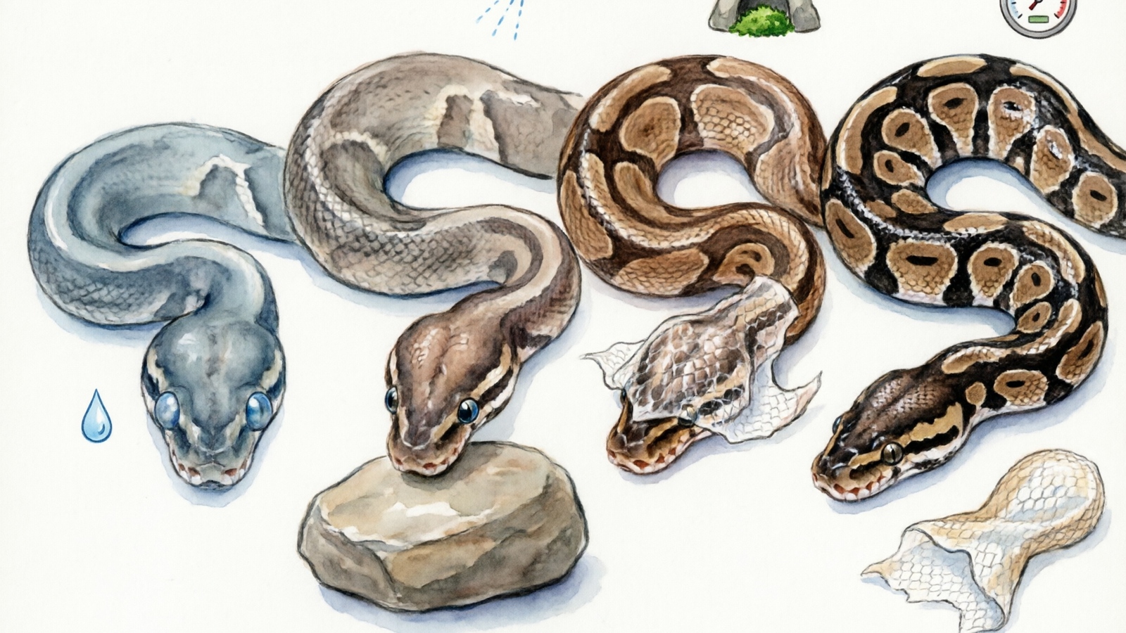 Four stages of the ball python shedding cycle with corresponding humidity levels