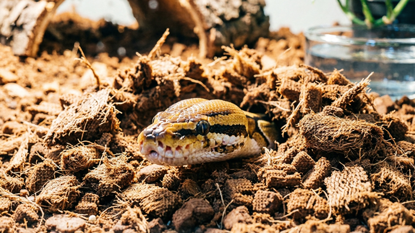 Eye-level photograph of a ball python partially buried in loose coconut fiber substrate inside a glass terrarium, only the snake's head and forward body visible above the substrate line, the snake is mid-burrow with coconut coir pushed up around its body, warm directional lighting creating soft shadows, cork bark hide visible in the background, macro detail on the snake's scales and the fine texture of the coir, wildlife documentary style