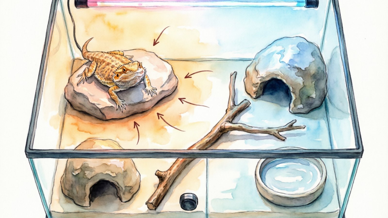 Overhead view of ideal bearded dragon terrarium setup with temperature gradient, UVB lighting, and hiding spots to prevent stress-related black beard