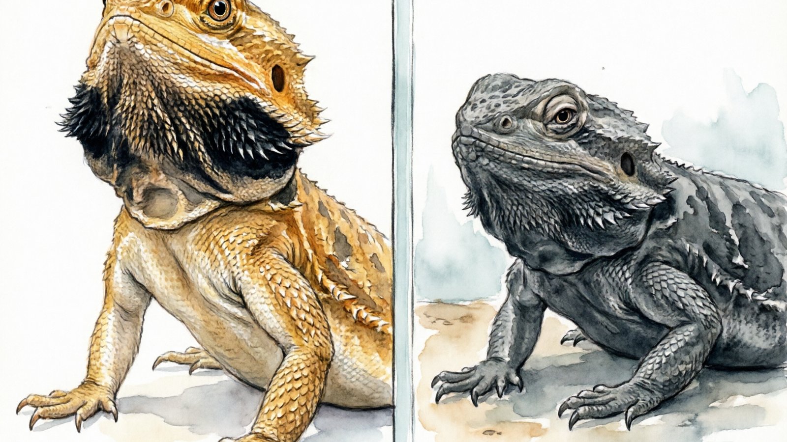 Split-panel comparison of normal black beard (throat only) vs urgent full-body darkening in bearded dragons