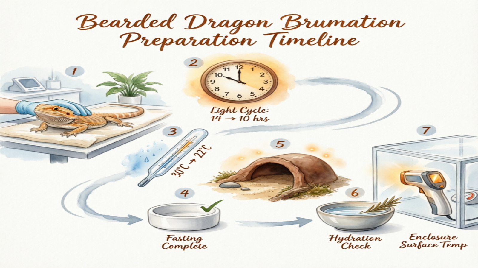 Watercolor infographic showing 7-step brumation preparation timeline from vet check to monitoring setup