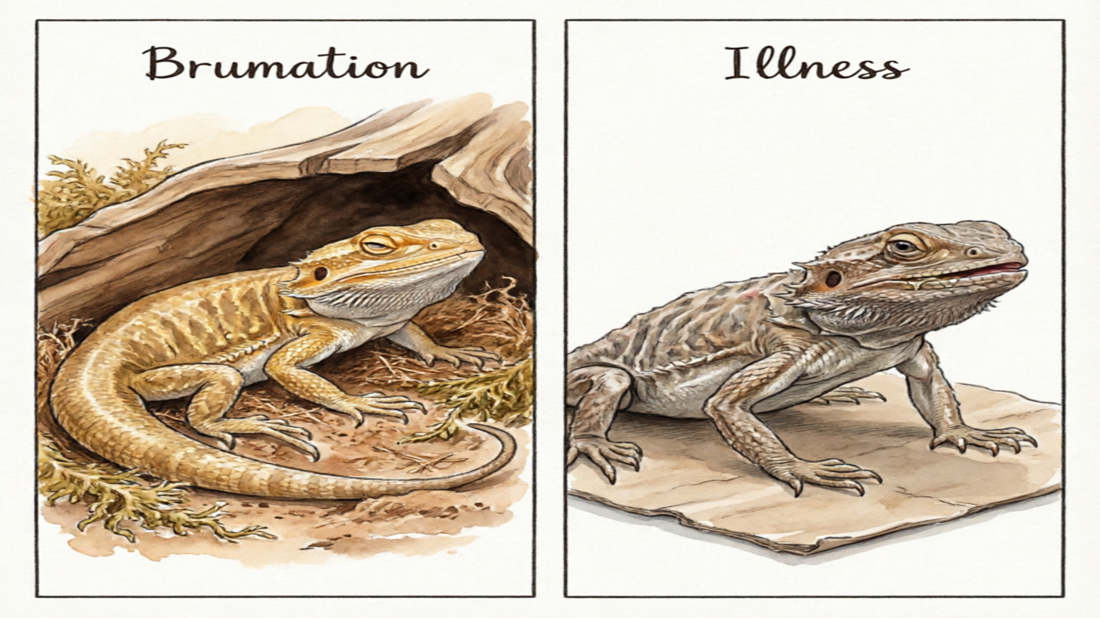 Split-panel watercolor comparison of a healthy brumating bearded dragon vs a sick one showing key visual differences