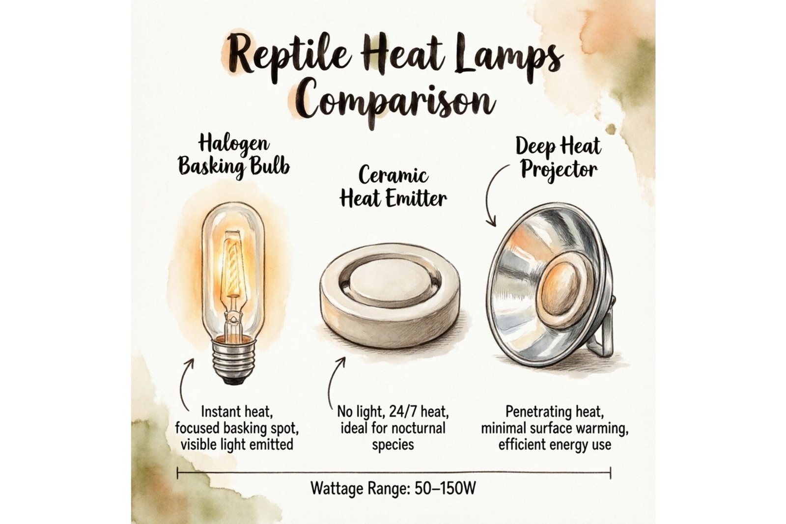 Comparison of different bearded dragon heat lamp types: halogen basking bulb, ceramic heat emitter, and deep heat projector