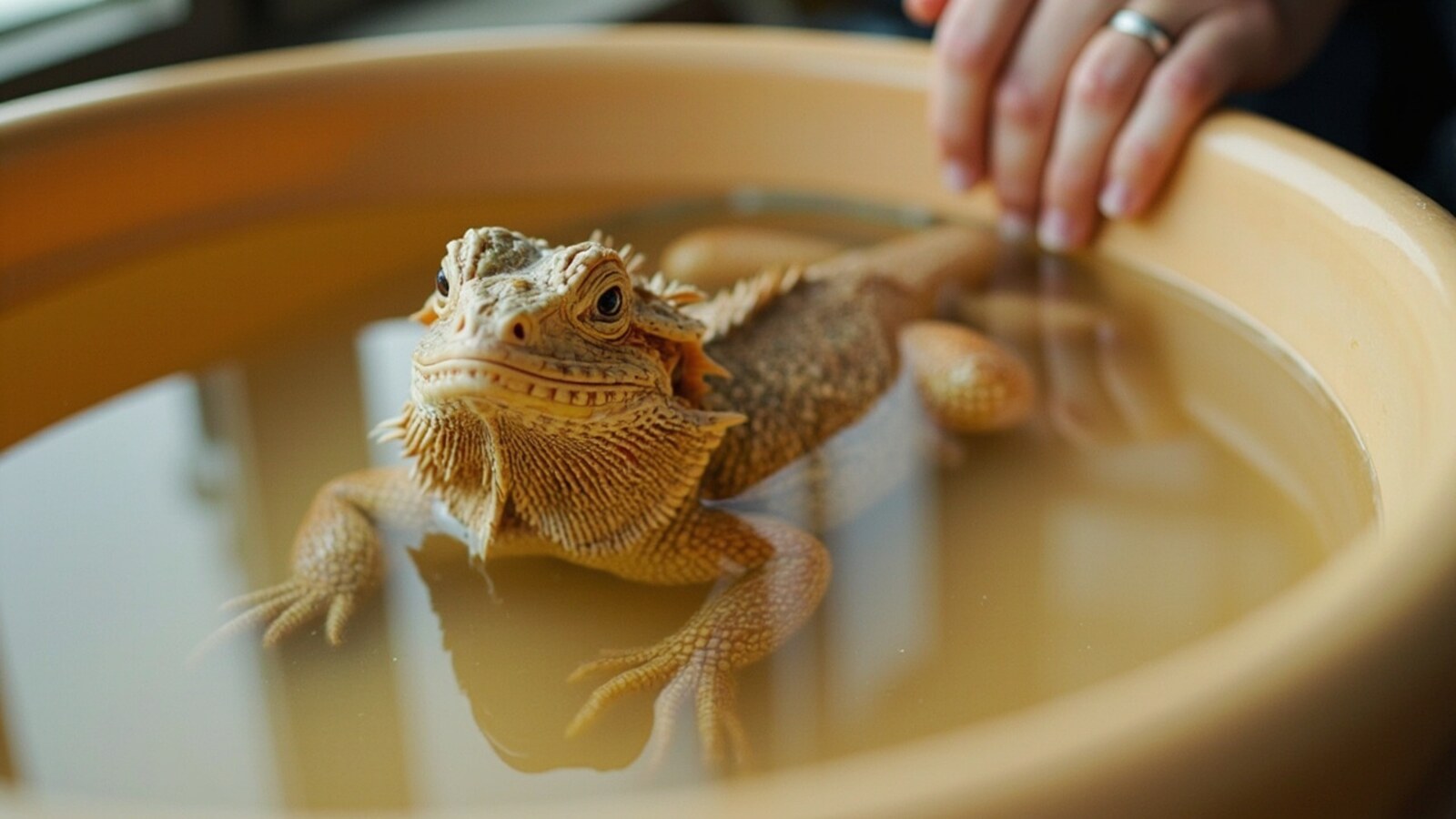 A bearded dragon soaking belly-deep in a shallow tub of lukewarm water during a warm bath treatment for impaction