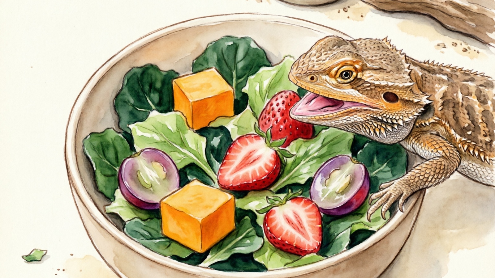 Bearded dragon salad bowl with grapes — proper preparation and serving