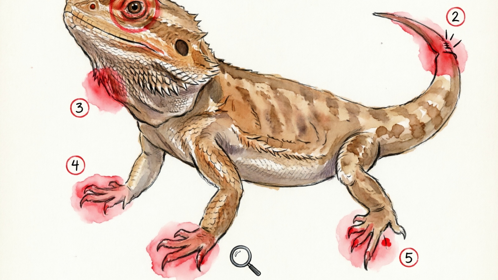 Five danger zones of stuck shed on a bearded-dragon body diagram