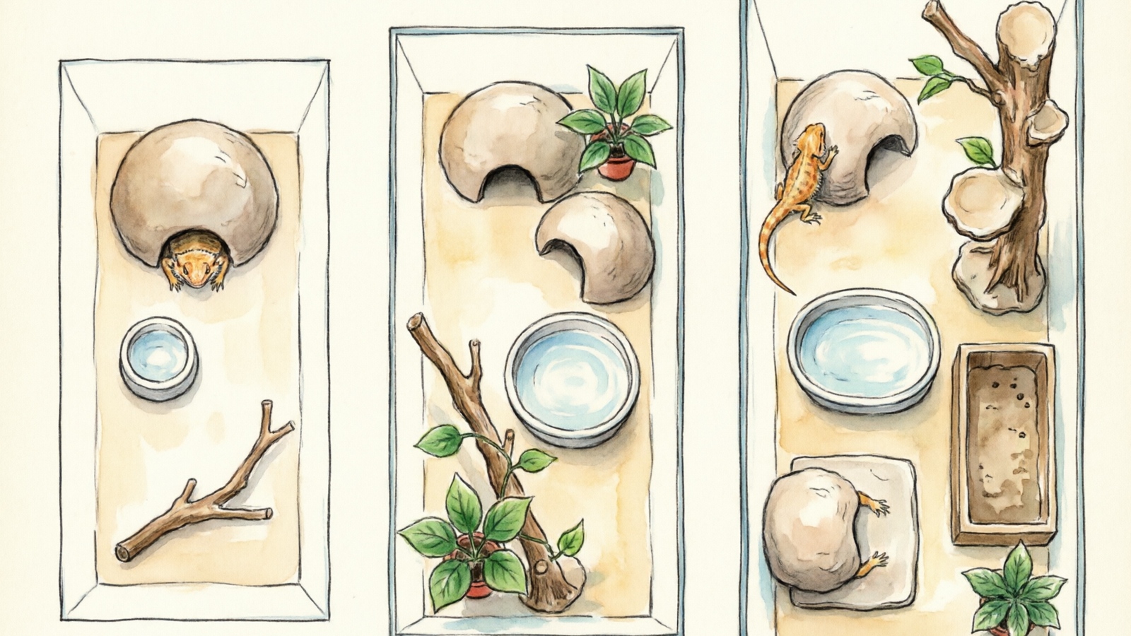 Bearded dragon enclosure decor layout comparison by age group