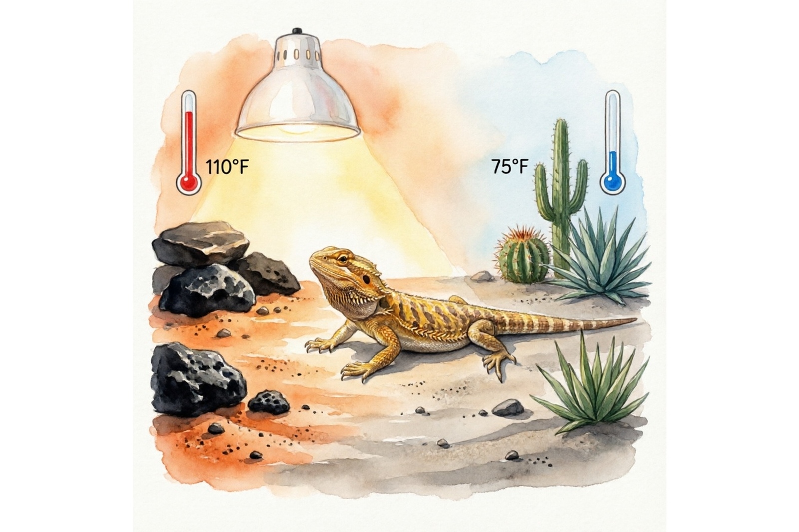 Bearded dragon basking setup showing temperature gradient from hot basking spot to cool side of enclosure
