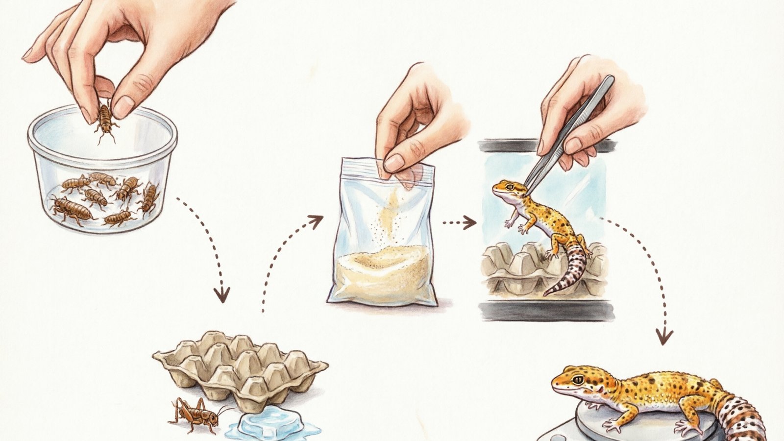 5-step leopard gecko feeding setup process from selecting feeders to health monitoring