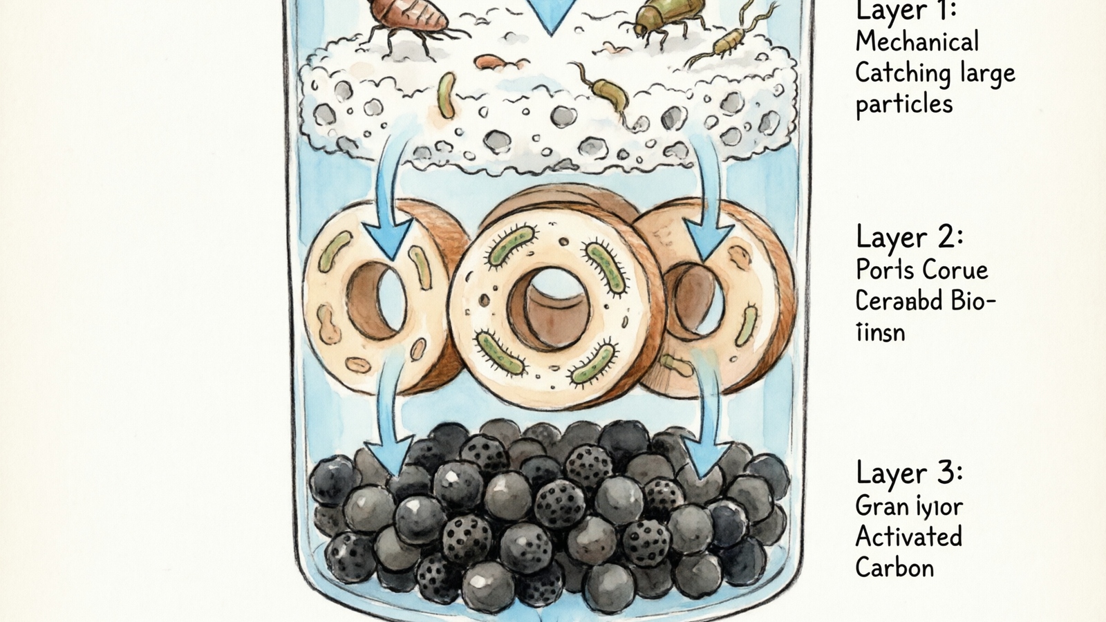 Hand-drawn watercolor cross-section diagram showing correct filter media layering order