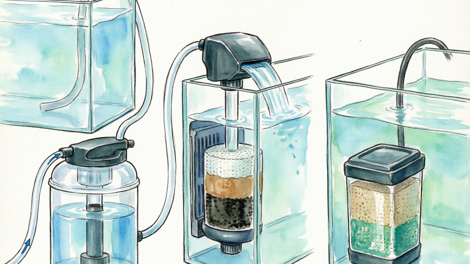 Hand-drawn watercolor illustration comparing three turtle tank filter types: canister, HOB, and internal