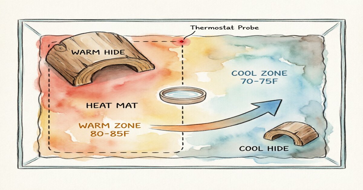 Top-down diagram illustration showing proper heat mat placement inside a corn snake terrarium. Rectangular glass enclosure outline viewed from above. Left one-third of the floor shows a red-orange shaded area labeled HEAT MAT with a dashed border. Above the heat mat area sits a wooden hide labeled WARM HIDE. The left zone is labeled WARM ZONE 80-85°F in warm-toned text. Right two-thirds is labeled COOL ZONE 70-75°F in blue-toned text. A second hide labeled COOL HIDE sits in the far right corner. A small dot on the substrate surface above the heat mat is labeled Thermostat Probe. Temperature gradient shown with an arrow from warm to cool side. A water bowl sits in the center. Clean infographic style with clear labels, hand-drawn watercolor illustration with earth-tone color palette and warm and cool zone differentiation.