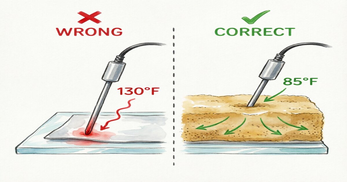Educational comparison diagram showing correct versus incorrect thermostat probe placement for reptile heat mats. Two side-by-side cross-section illustrations of a glass terrarium bottom. LEFT panel labeled WRONG with red X shows heat mat stuck to glass bottom with thermostat probe sandwiched between mat and glass, red arrows indicate concentrated heat zone, temperature reading shows 130°F in red. RIGHT panel labeled CORRECT with green checkmark shows heat mat on glass bottom, two inches of substrate above mat, and thermostat probe resting on top of the substrate surface, green arrows show even heat distribution, temperature reading shows 85°F in green. Both panels show the same terrarium cross-section but with different probe positions. Clean infographic style with red and green color coding for wrong and correct. Sans-serif labels, hand-drawn watercolor illustration with earth-tone substrate color.