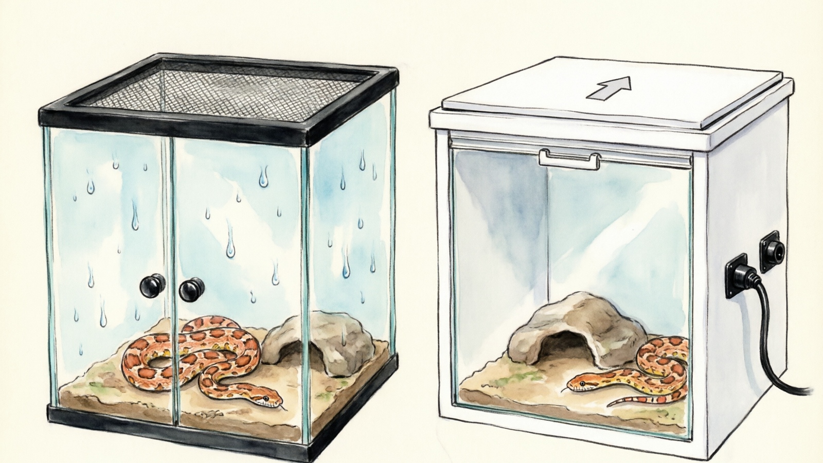 Side-by-side comparison of glass terrarium and PVC enclosure for corn snakes