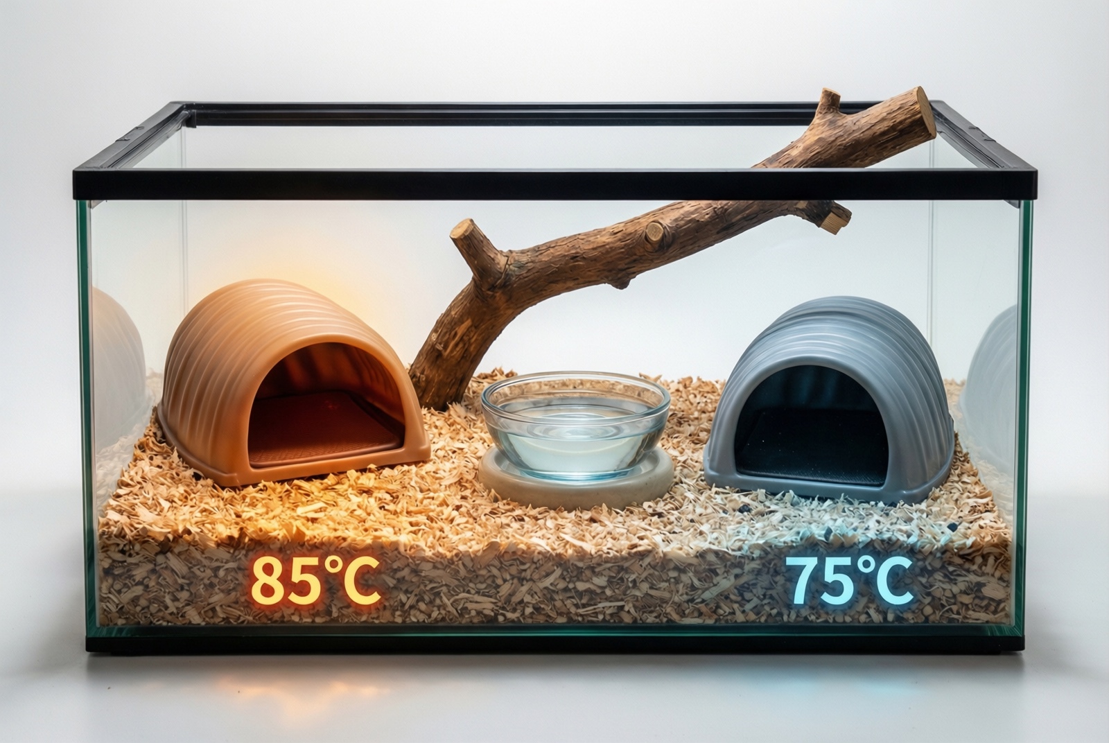 Corn snake terrarium setup with hides and heat gradient