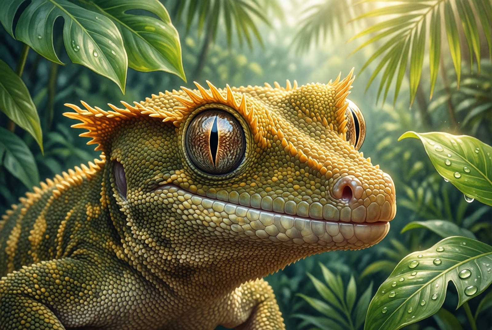 Crested gecko perched on tropical branch showing eyelash crests