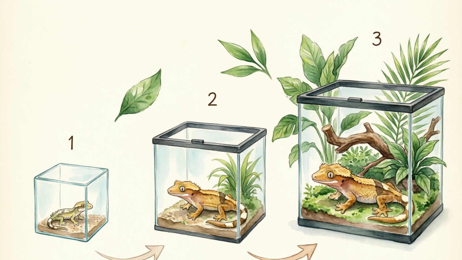 Crested gecko enclosure size progression from hatchling to adult