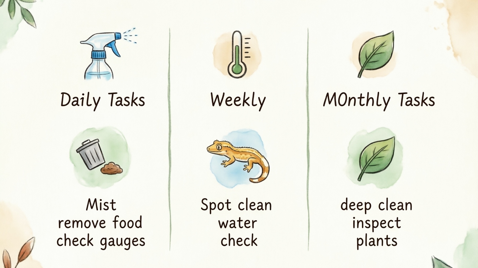 Crested gecko enclosure maintenance schedule infographic