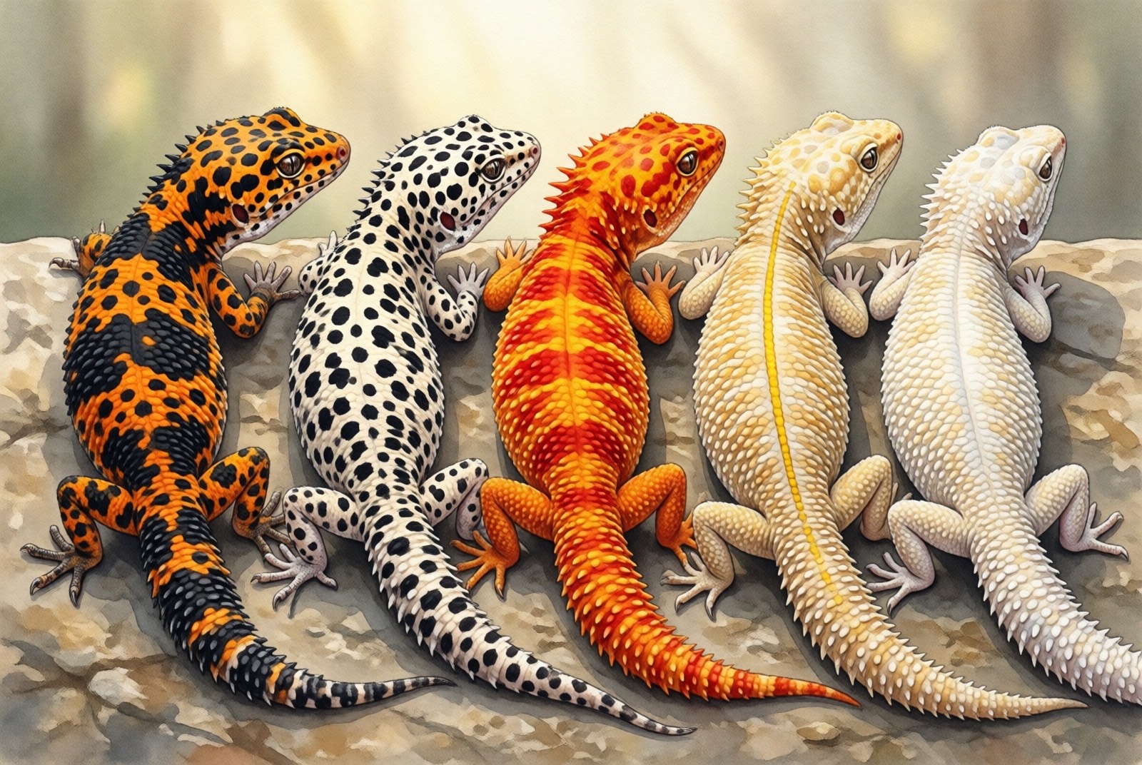Five crested gecko morphs comparison