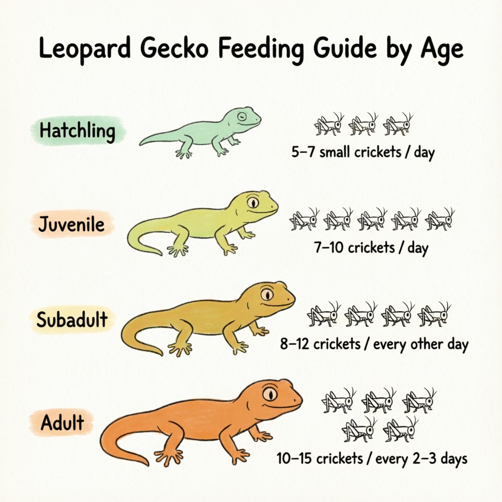 Leopard gecko feeding guide by age infographic showing cricket quantities for hatchling to adult