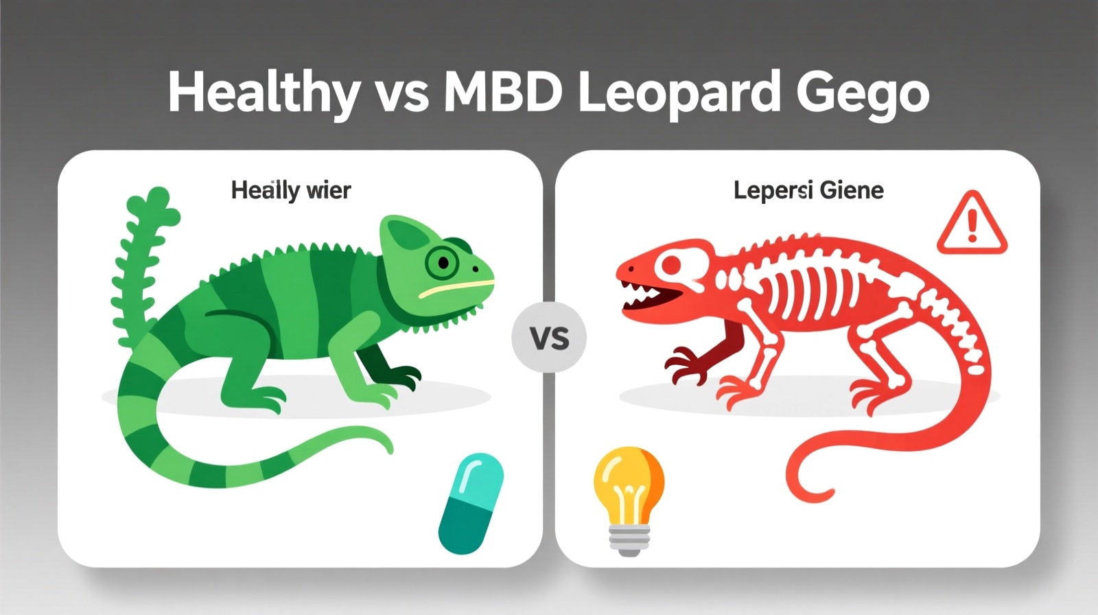 Healthy leopard gecko vs early-stage MBD comparison