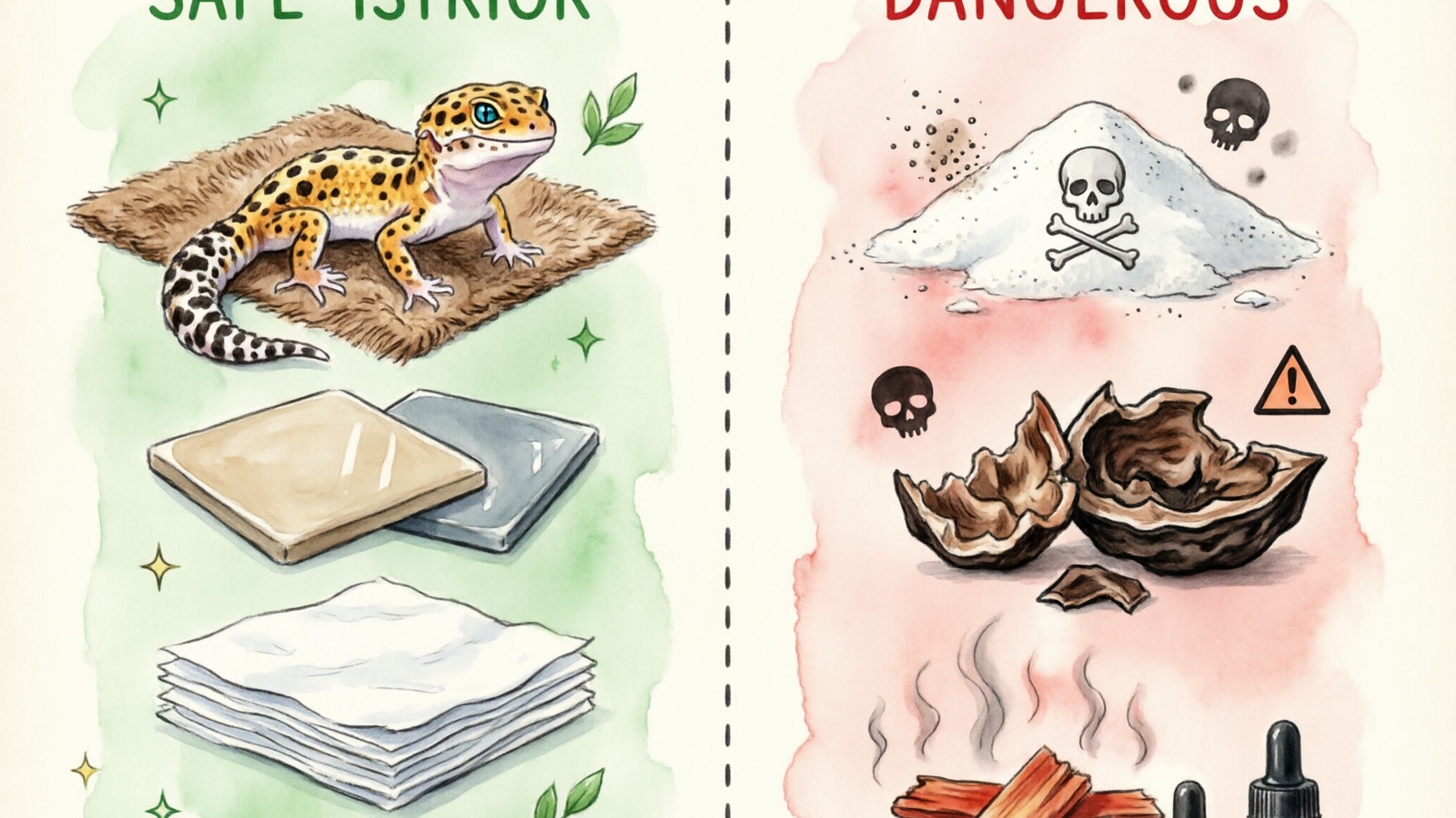 Leopard gecko substrate safe vs dangerous options comparison