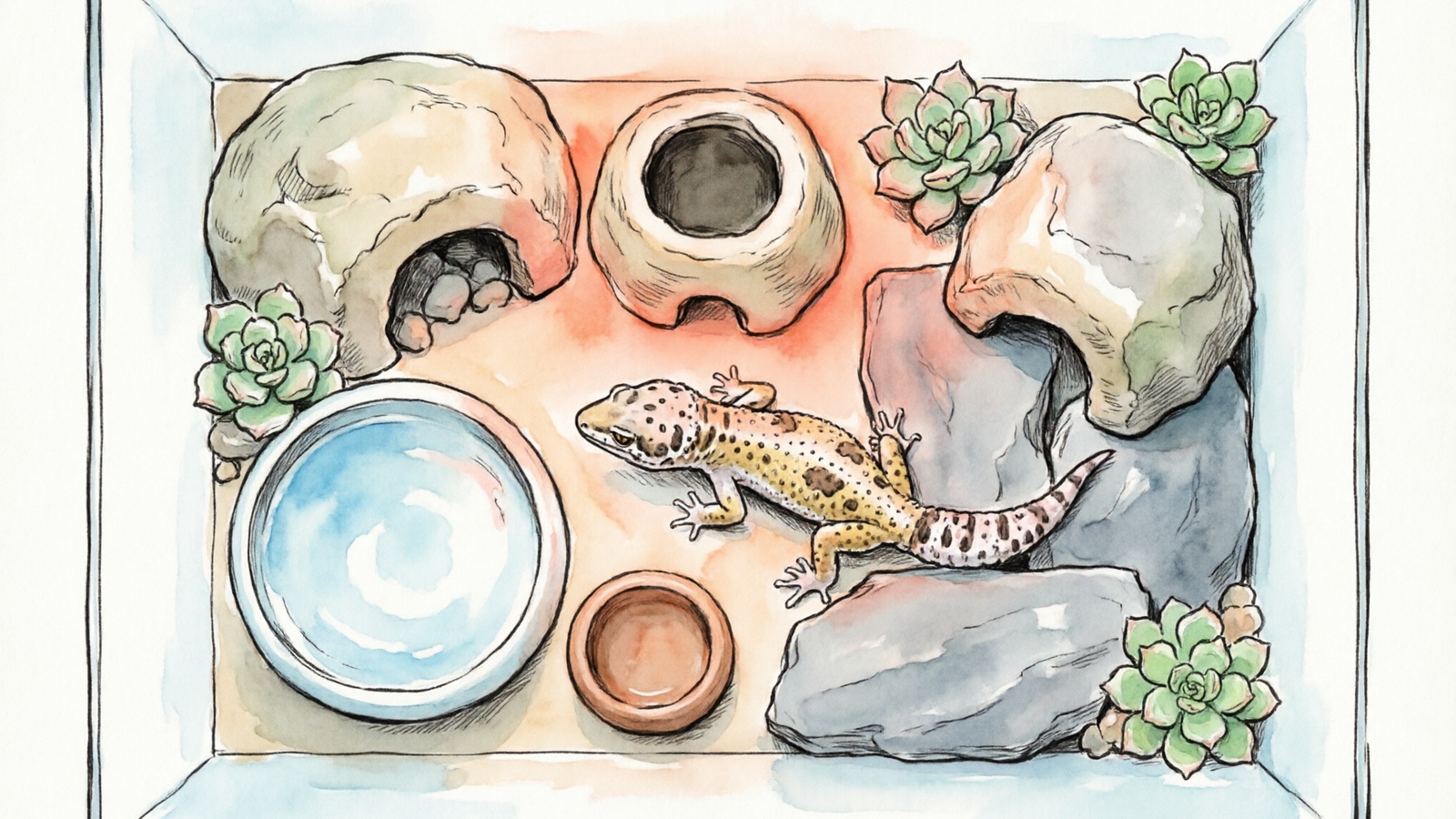 Leopard gecko tank accessories diagram showing hide, thermometer, water dish, and heat mat placement