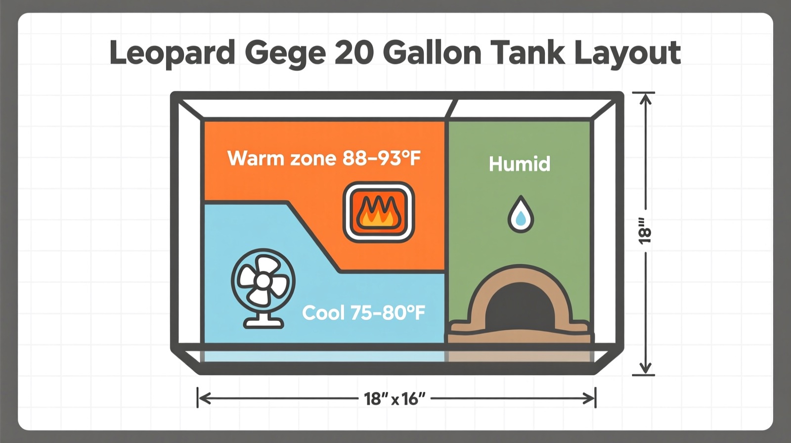 Leopard gecko tank layout with warm zone, cool zone, and humid hide labeled with temperature ranges
