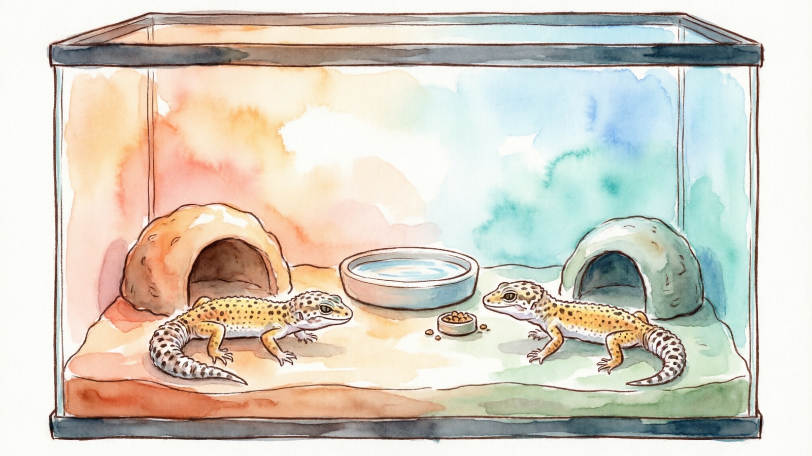 Leopard gecko tank setup showing warm and cool side temperature gradient zones