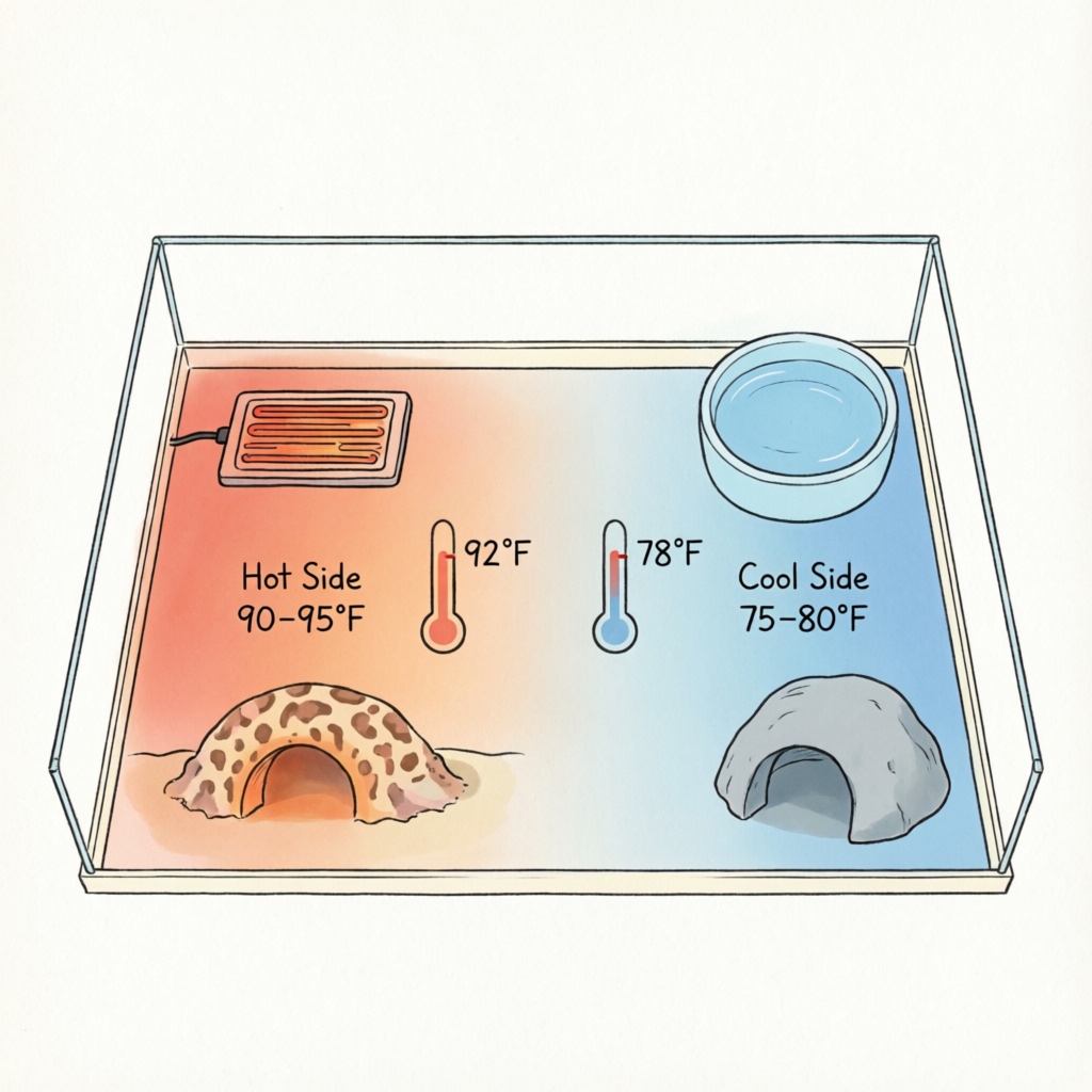 Leopard gecko terrarium temperature gradient diagram showing hot side and cool side setup
