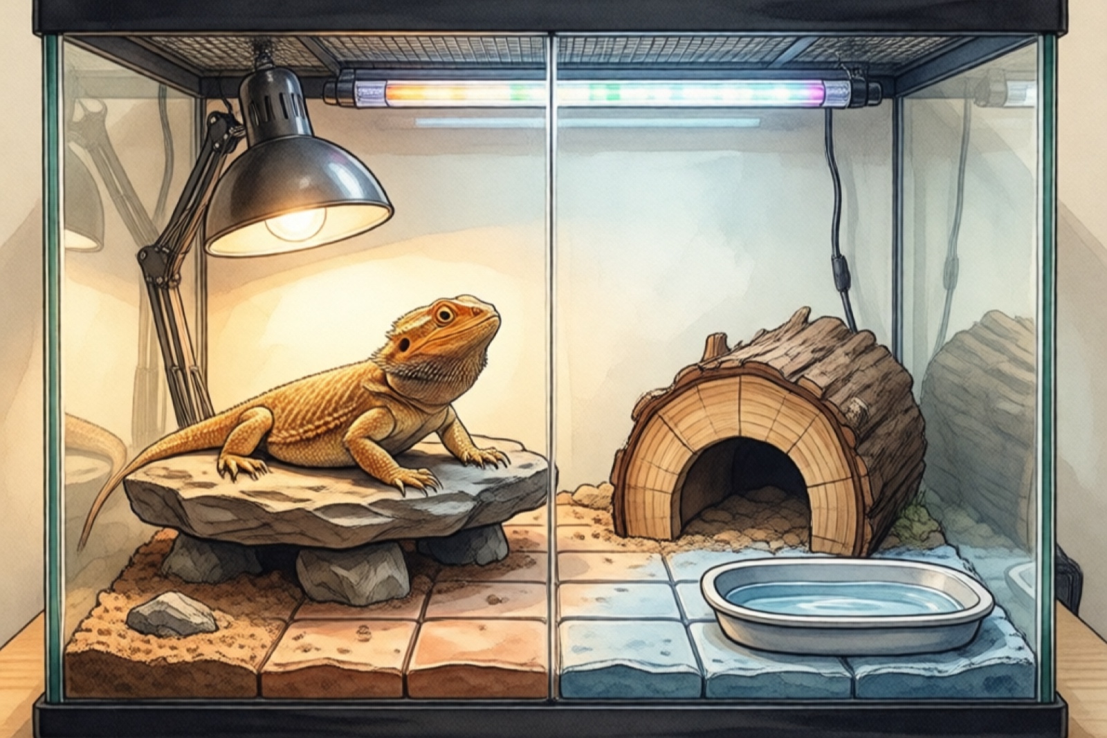 Properly set up bearded dragon terrarium with basking zone, UVB lighting, and cool zone