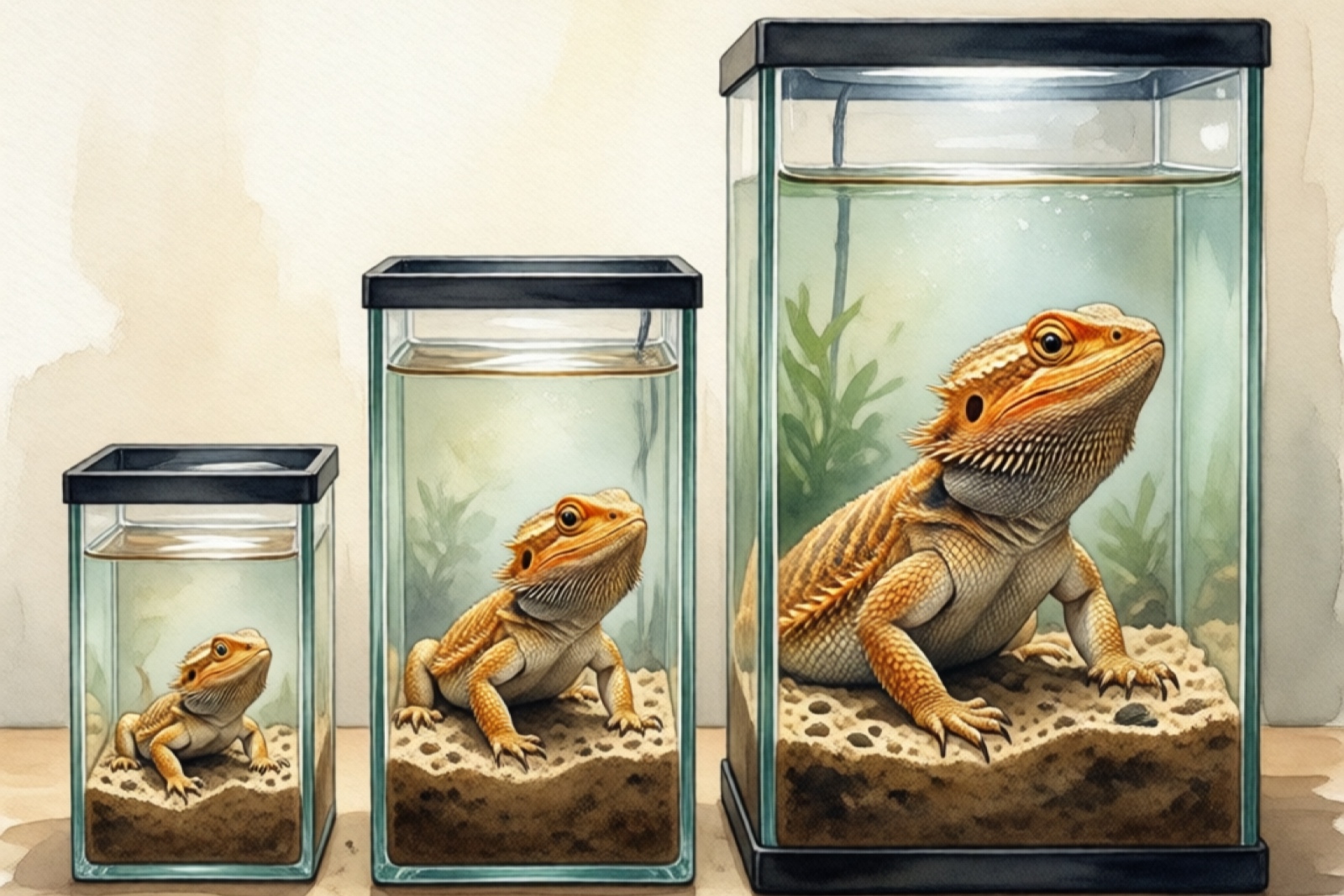 Size comparison of bearded dragon terrariums by age — hatchling, juvenile, and adult