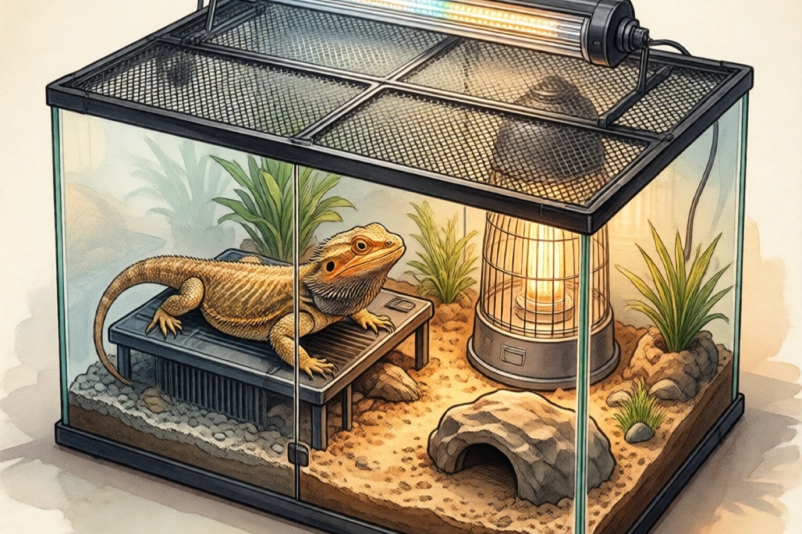 UVB light fixture mounted on screen top of bearded dragon terrarium