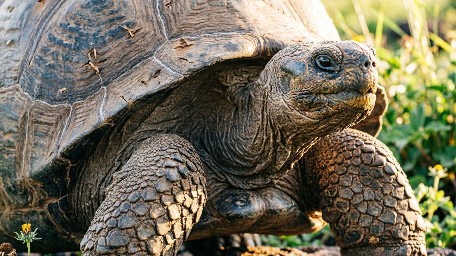 Elderly giant tortoise close-up portrait with deeply wrinkled skin and weathered shell