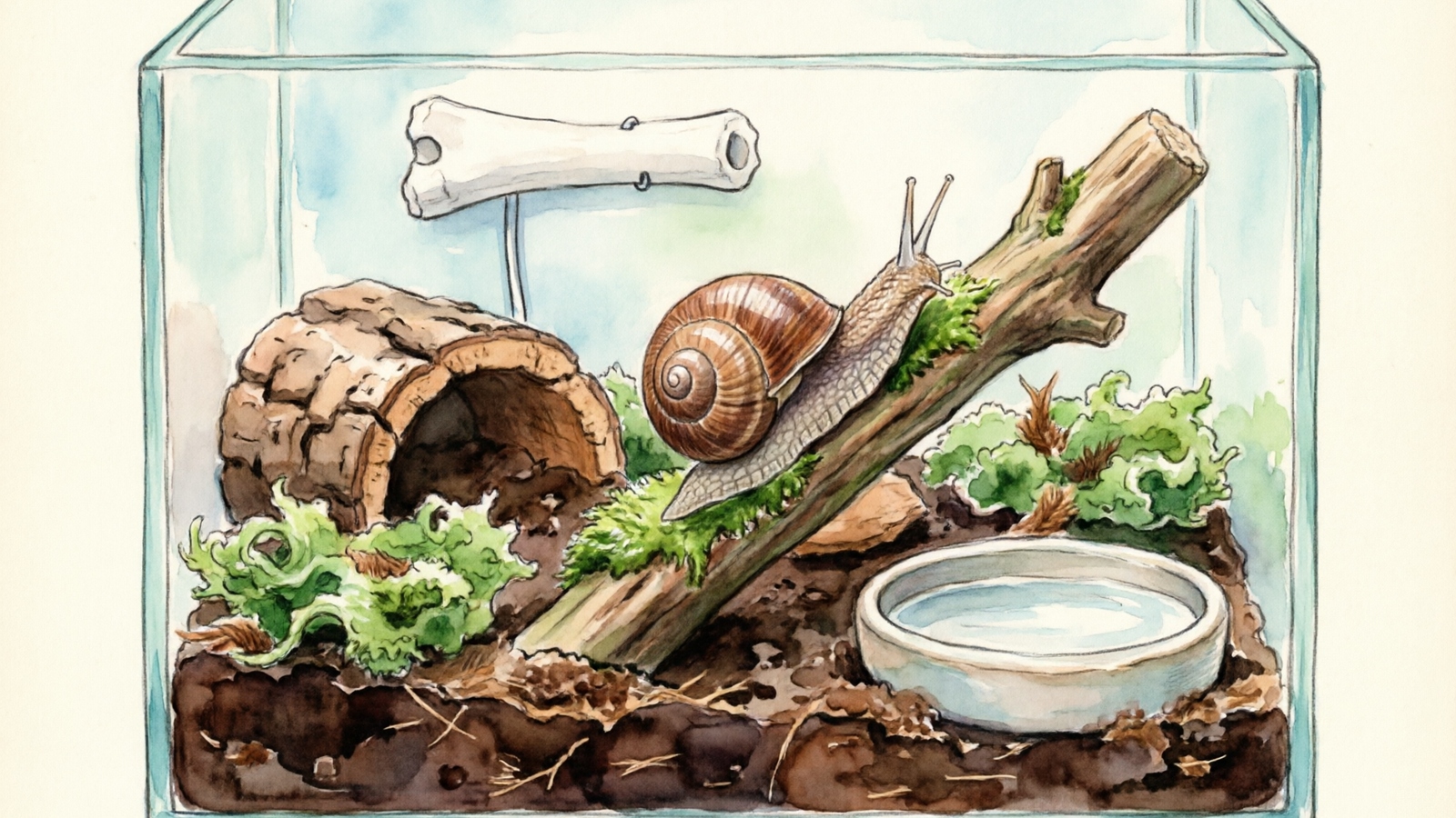Hand-drawn watercolor illustration of a fully set up glass terrarium with coconut coir substrate, sphagnum moss, cork bark hide, cuttlebone on wall, shallow water dish, and snail climbing a moss-covered branch